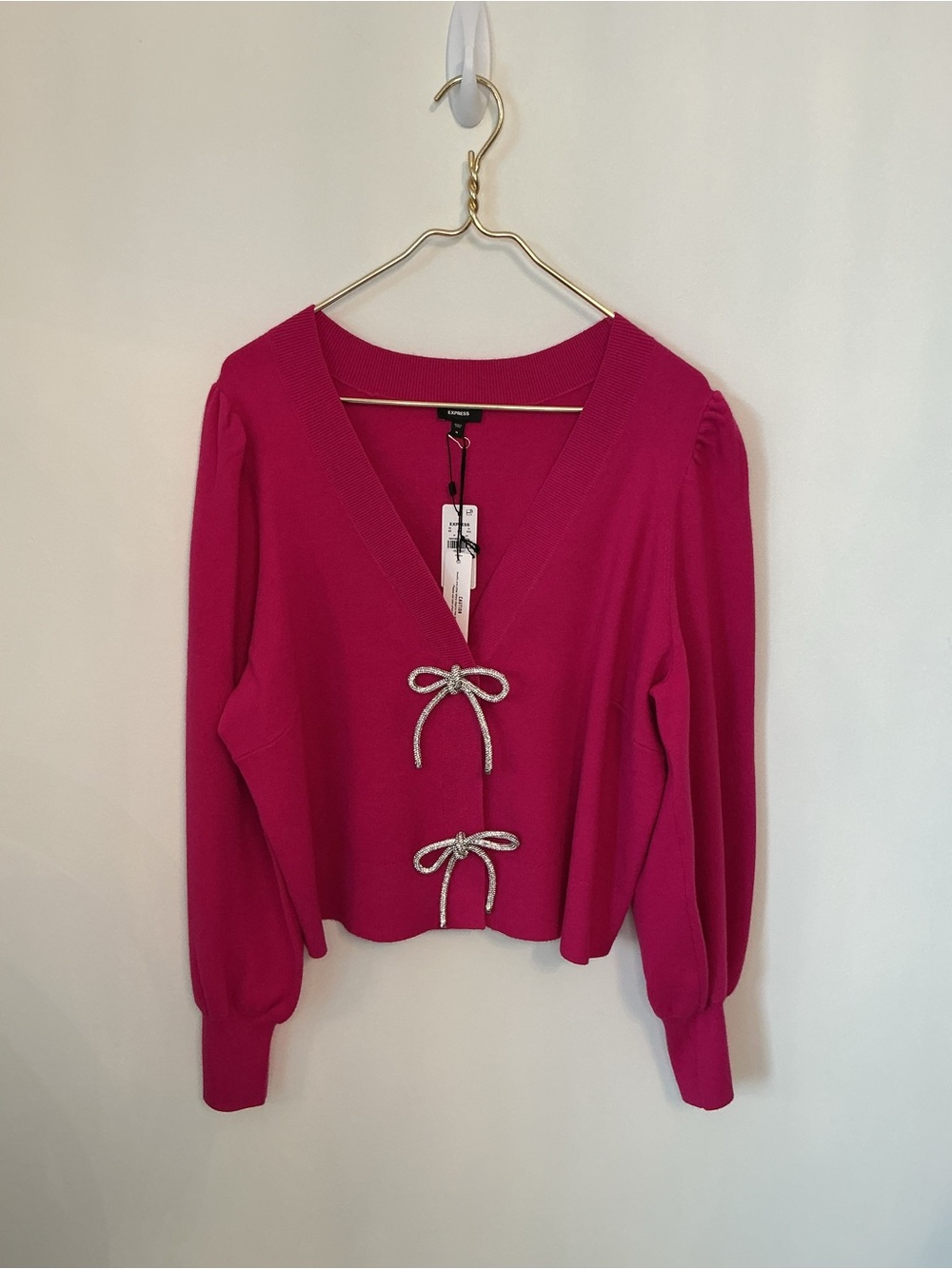 Express Fuchsia Bow-Tie V-Neck Cardigan